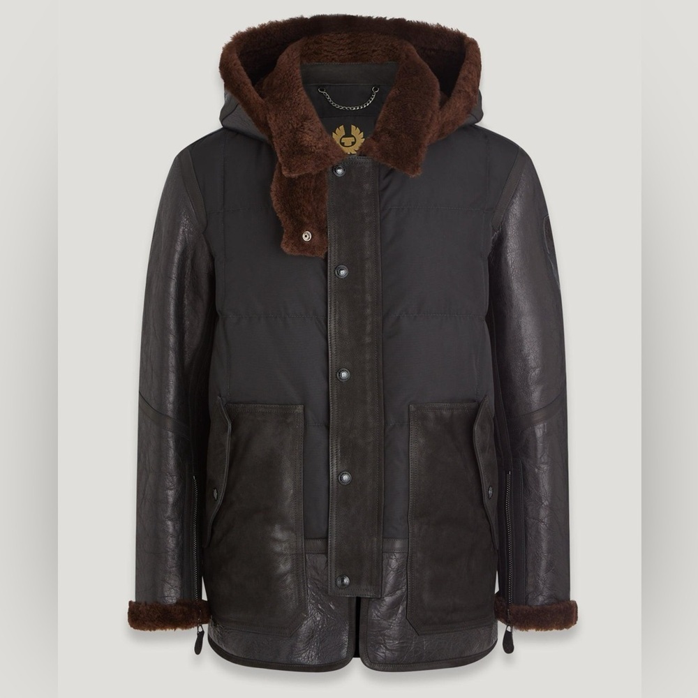 Belstaff NWT Genuine Leather Goose Down Alpine Parka Coat Black Brown Size XL